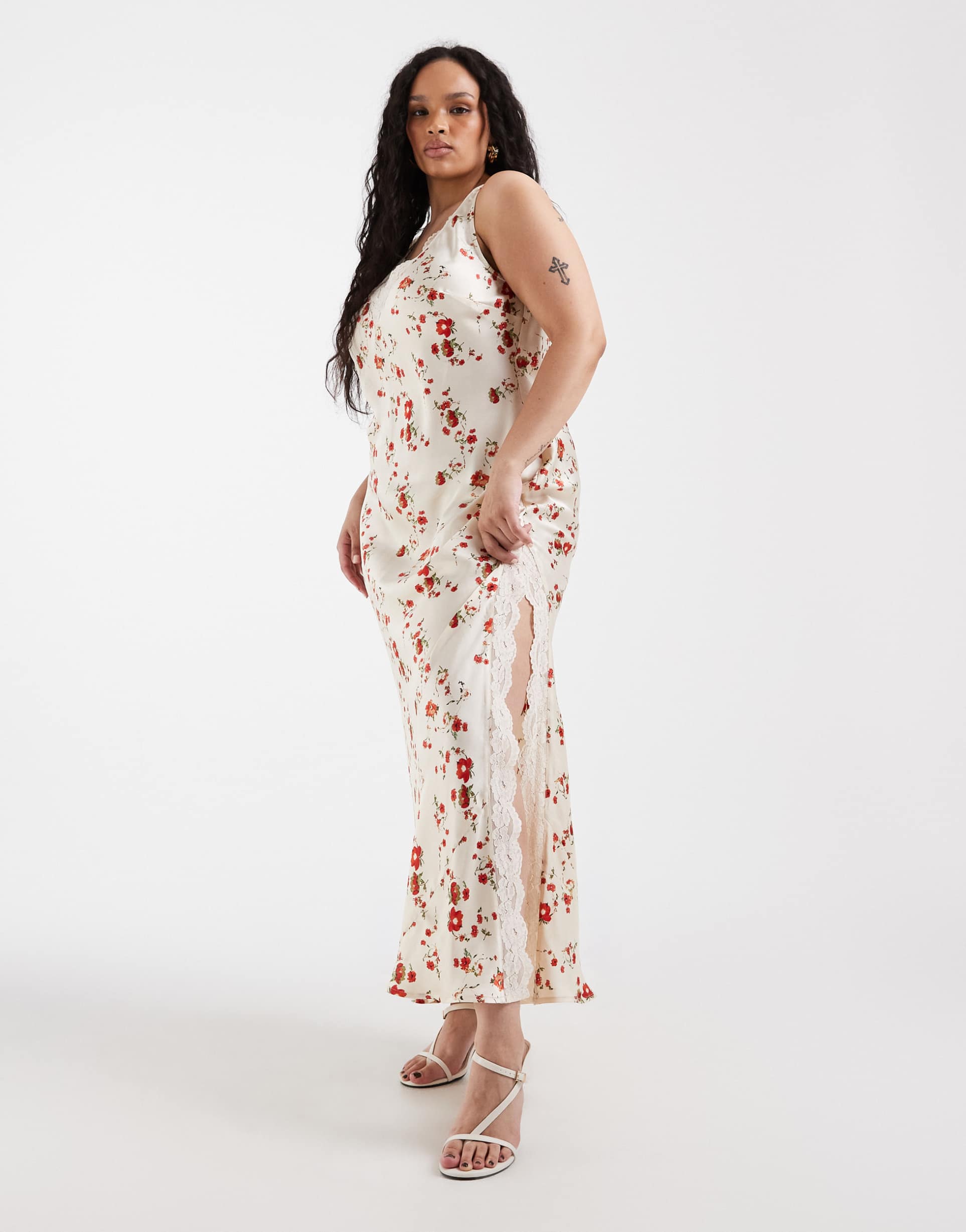 asos design curve v-neck lace matte satin maxi dress in cream and red floral