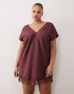 Asos Curve Asos Design Curve V-neck Lace Trim Crinkled Satin Mini Shift Dress In Red