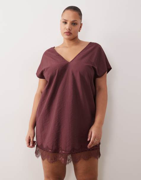 ASOS DESIGN Curve v-neck lace trim crinkled satin mini shift dress in chocolate - view 1