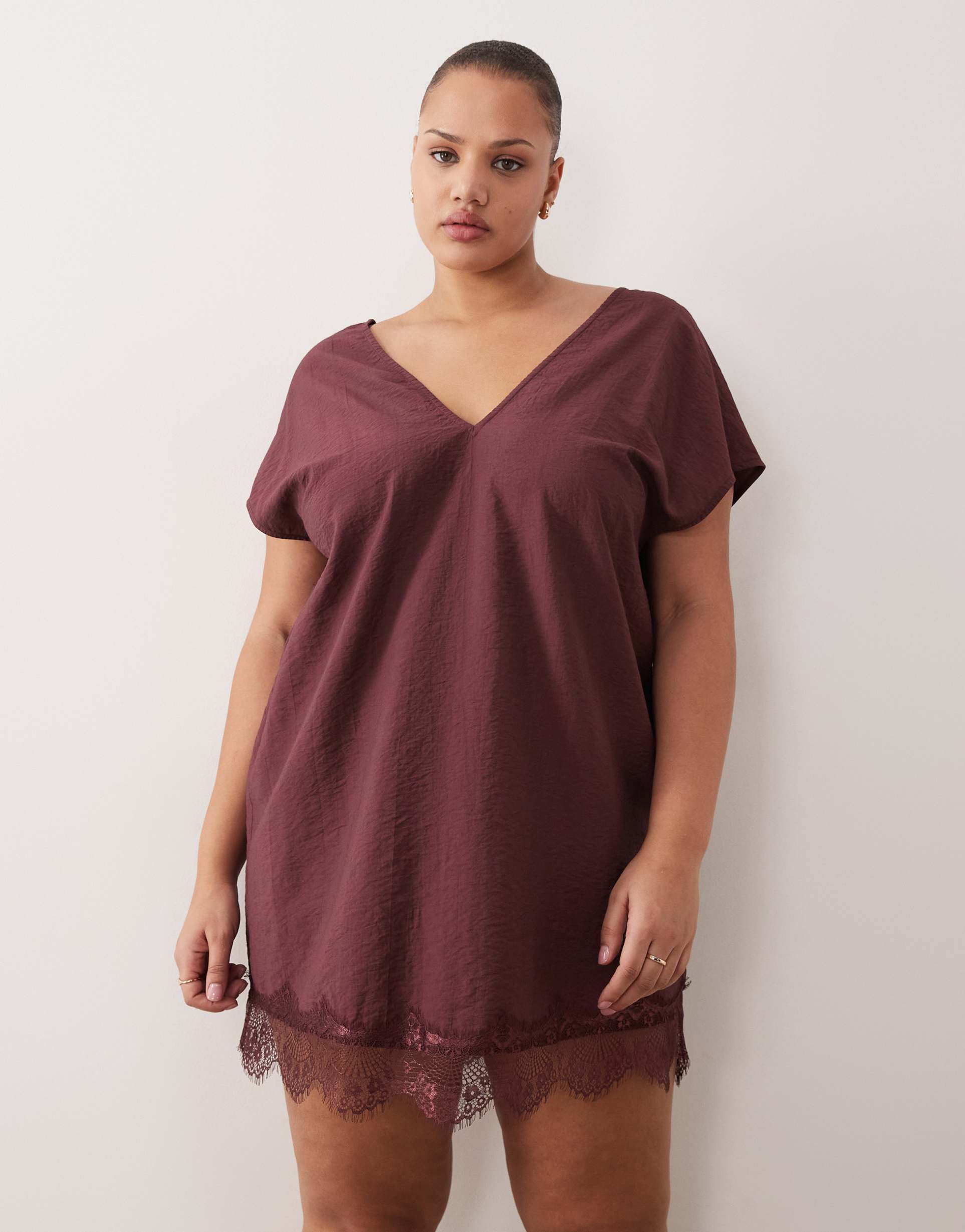 asos design curve v-neck lace trim crinkled satin mini shift dress in chocolate