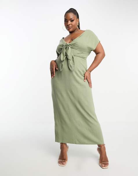 ASOS DESIGN Curve v-neck linen double bow detail pencil midi dress in khaki