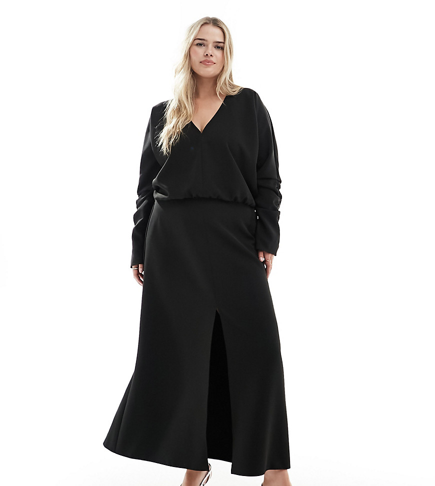 Asos Curve Asos Design Curve V Neck Long Sleeve Blouson Midi Dress With Front Split In Black