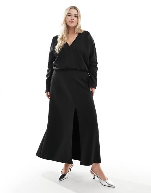 ASOS DESIGN Curve v neck long sleeve blouson midi dress with front split in  black