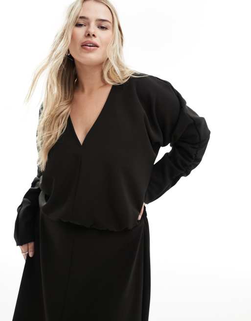 Premium Linen Plus Size V Neck Wrap Detail Woven Midi Dress