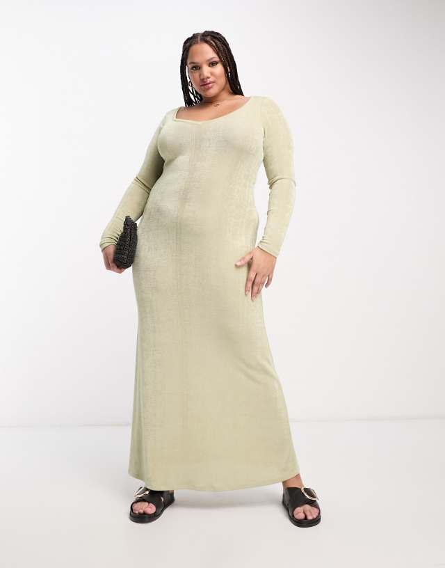 ASOS DESIGN Curve v neck long sleeve maxi dress in sage