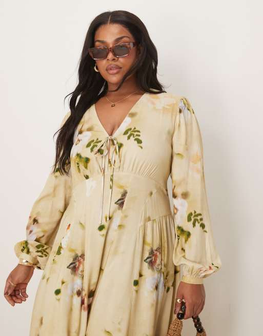 chinese dress ladies Chi Chi Long Sleeve V Neck Floral Print Midi Dress in Black, Size 10 main image 1