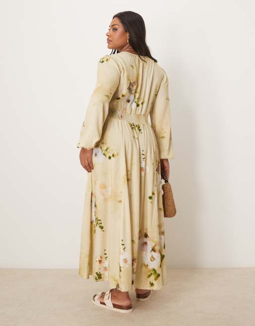 ASOS DESIGN Curve V-neck long sleeve midi dress with tie front detail in cream  floral print | ASOS
