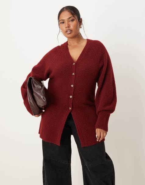 ASOS DESIGN Curve v neck longline cardigan with waist detail in fluffy yarn in burgundy - view 1