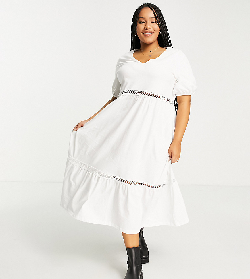 ASOS DESIGN Curve v neck midi dress with crochet trims in white-Multi