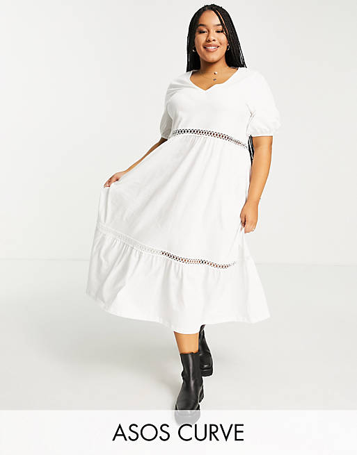 ASOS DESIGN Curve v neck midi dress with crochet trims in white