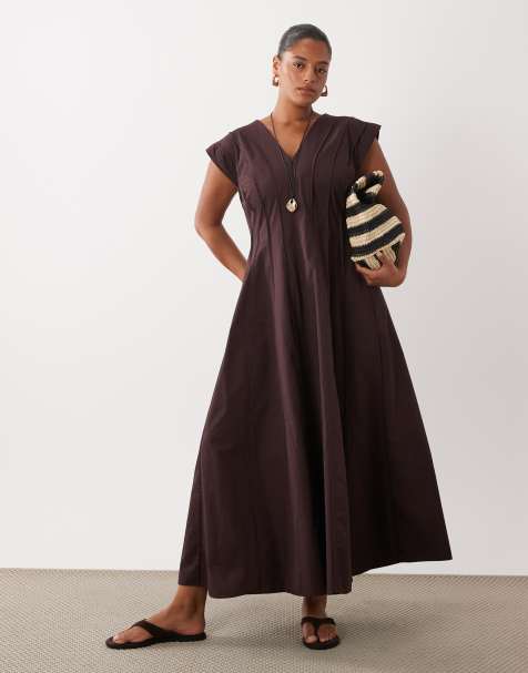 ASOS DESIGN curve v neck midi dress with sculpting panels in chocolate