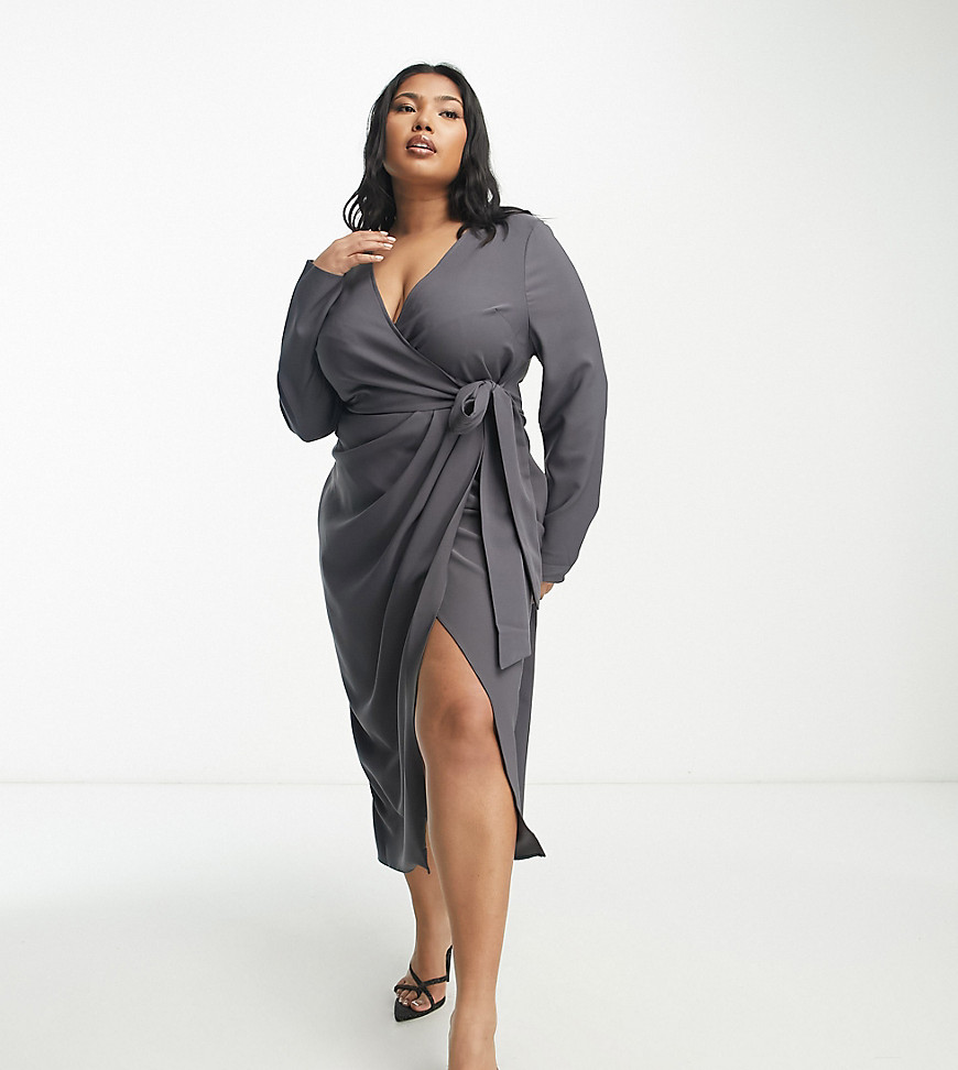 Asos Curve Asos Design Curve V Neck Midi Dress With Twist Wrap Detail In Charcoal-gray