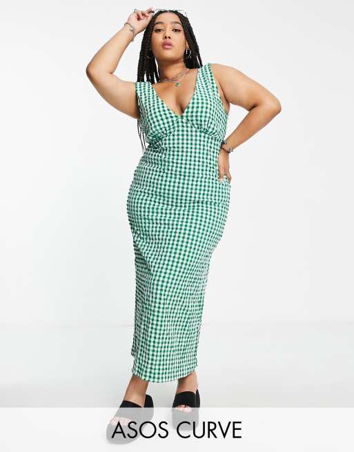 Asos Design Curve V Neck Midi Slip Sundress In Green Textured Gingham