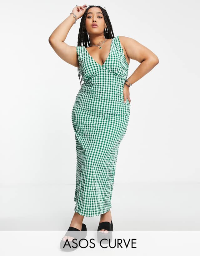 ASOS DESIGN Curve v neck midi slip sundress in green textured gingham