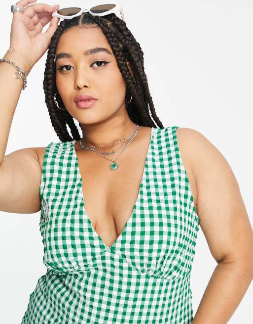 ASOS DESIGN Curve v neck midi slip sundress in green textured gingham