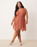 [ASOS Curve] ASOS DESIGN Curve v neck mini dress with hanky hem in terracotta-Brown 30 Terracotta