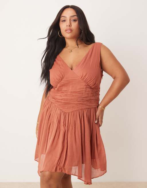 ASOS DESIGN Curve v neck mini dress with hanky hem in terracotta