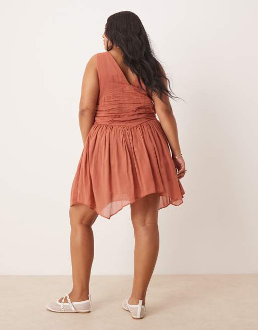 ASOS DESIGN Curve v neck mini dress with hanky hem in terracotta