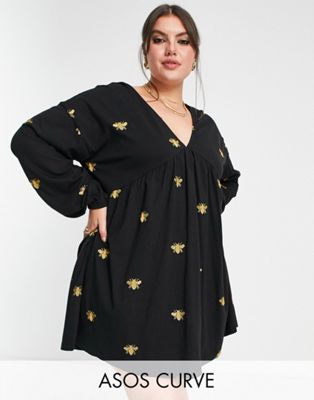 ASOS DESIGN Curve V neck mini smock dress with gold bug embroidery