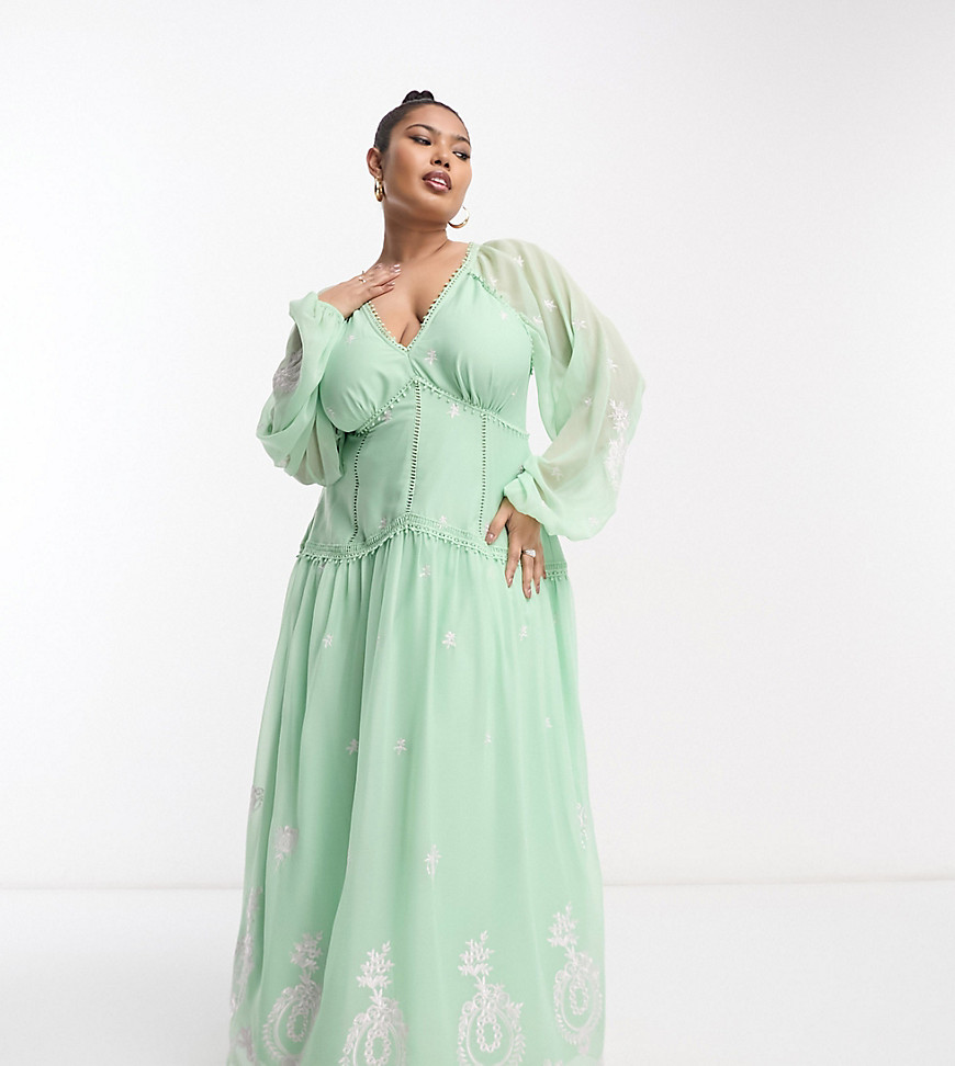 Asos Curve Asos Design Curve V Neck Open Back Embroidered Maxi Dress With Trim Detail In Green