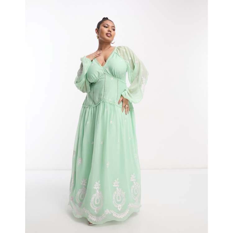 ASOS DESIGN Curve v neck open back embroidered maxi dress with trim detail  in green | ASOS