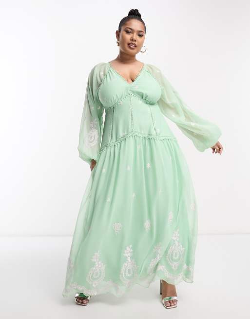 Green embroidered maxi dress best sale