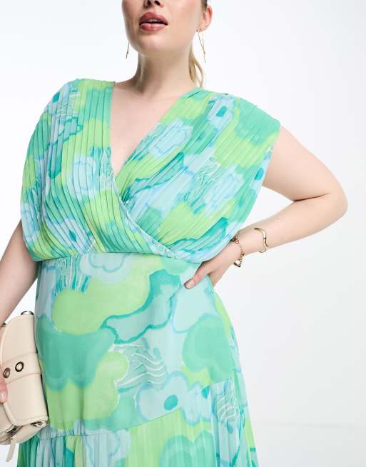 ASOS DESIGN Curve v neck pleated bodice and tier hem midi dress in blue  floral | ASOS
