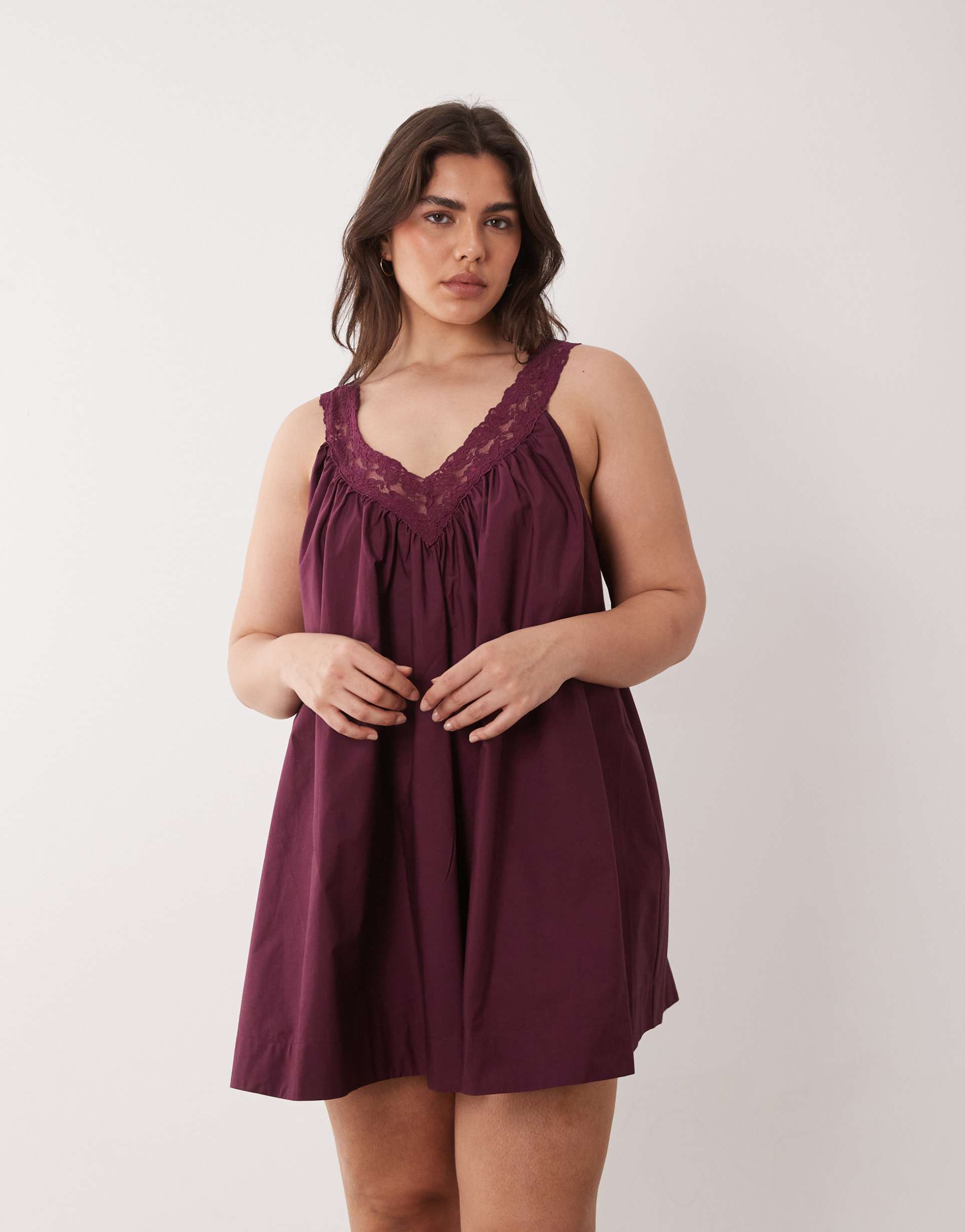 asos design curve v-neck poplin mini smock sundress with lace overlay in plum wine