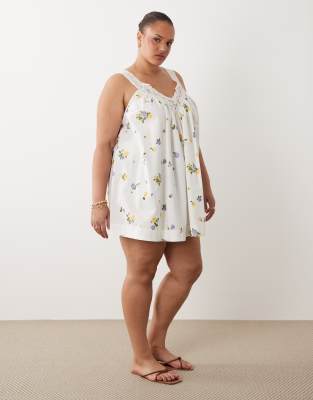 ASOS DESIGN Curve v-neck poplin smock mini sundress with lace overlay in white floral print-Multi