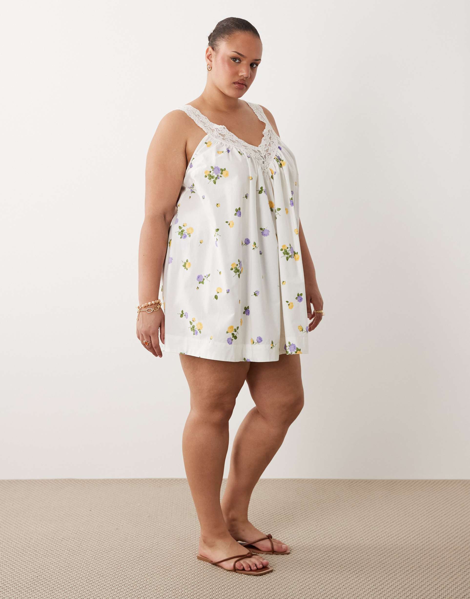 asos design curve v-neck poplin smock mini sundress with lace overlay in white floral print