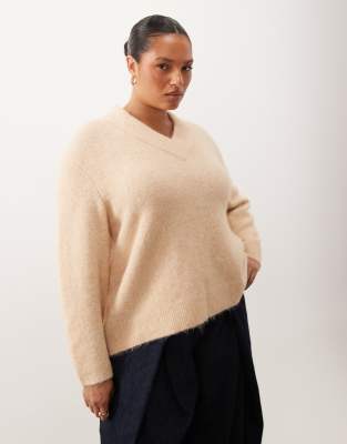 Asos Curve Asos Design Curve V Neck Relaxed Sweater In White