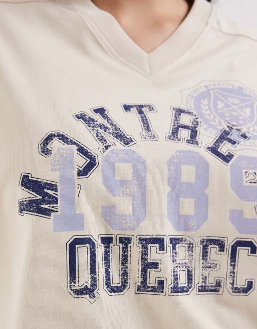 ASOS DESIGN Curve v-neck relaxed tee with Montreal athletic graphic in stone, 3 of 4