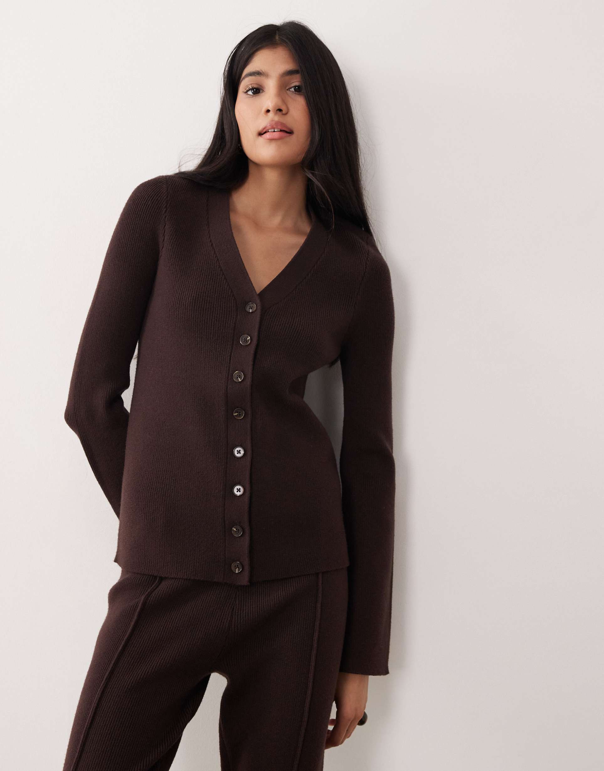 asos design curve v-neck ribbed cardigan in chocolate - part of a set