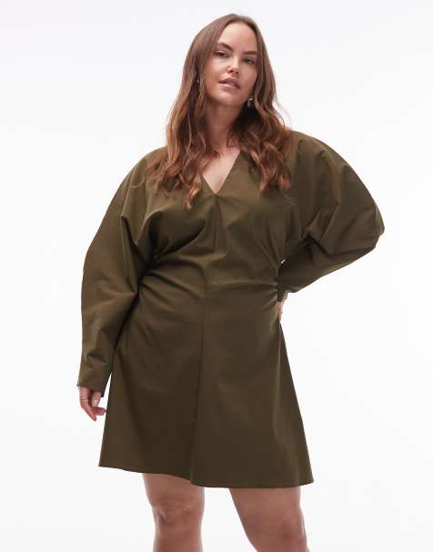 ASOS DESIGN Curve v-neck ruched bengaline mini dress in olive - view 1