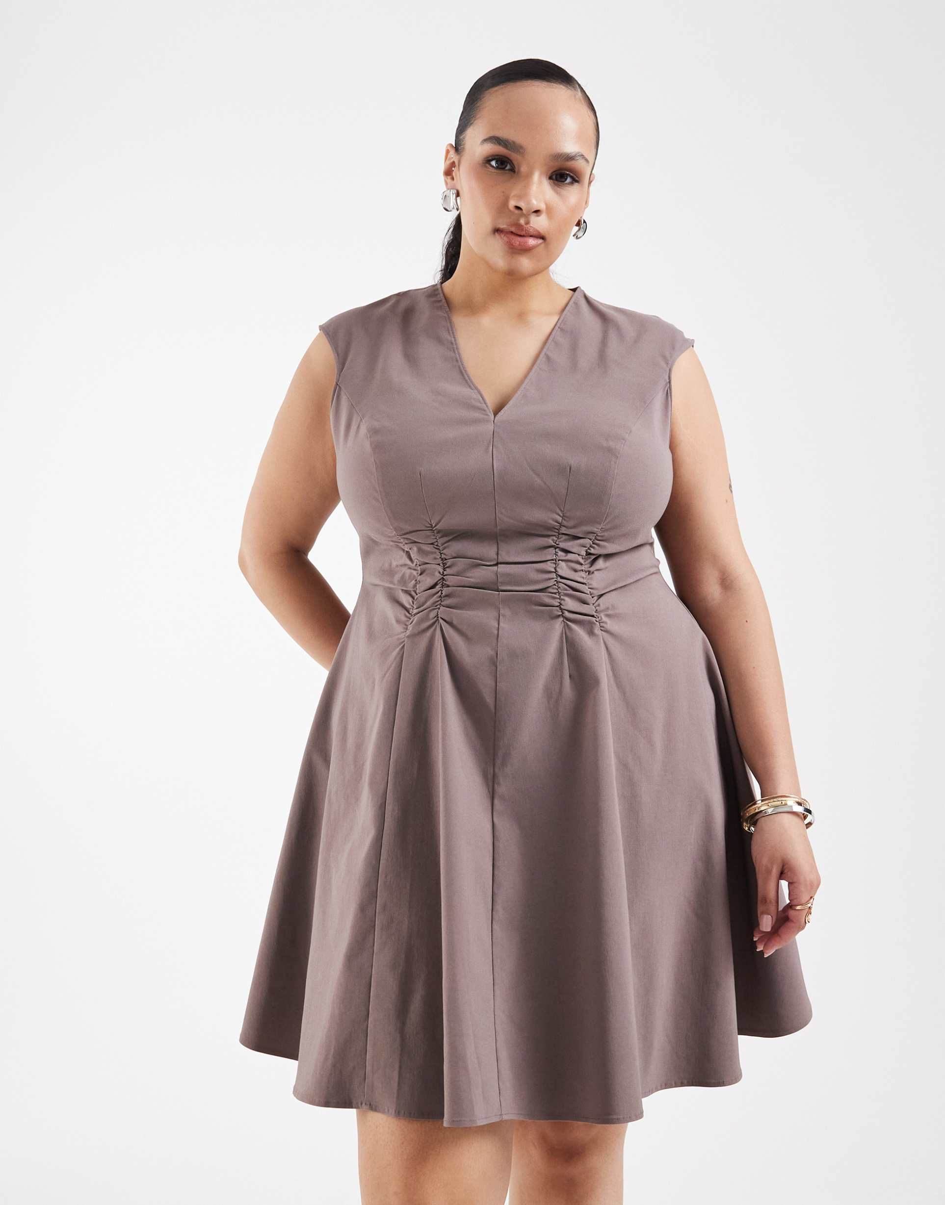 asos design curve v neck ruched bengaline mini dress in taupe
