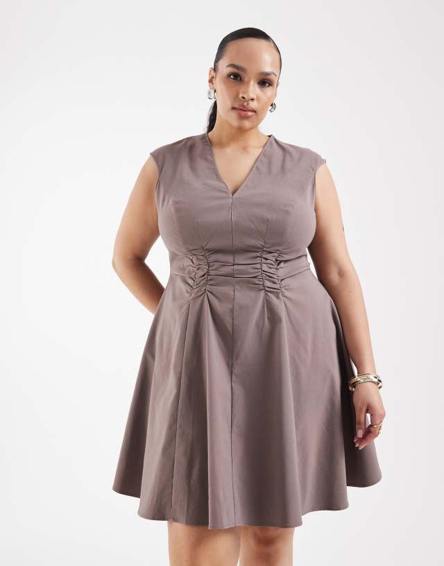ASOS DESIGN Curve v neck ruched bengaline mini dress in taupe