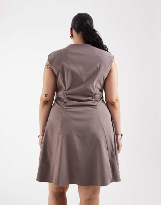 ASOS DESIGN Curve v neck ruched bengaline mini dress in taupe, 3 of 4
