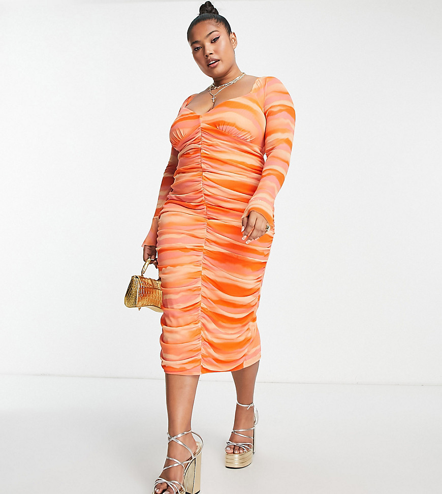 ASOS DESIGN Curve v neck ruched midi dress in orange tie dye-Multi