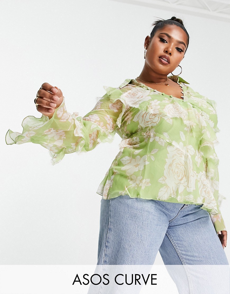 Asos Design V Neck Ruffle Blouse With Frill Detail And Button Edge In Green Floral Print-multi