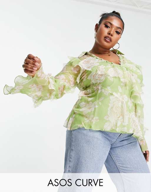 ASOS DESIGN Curve v neck ruffle blouse with frill detail and button edge in  green floral print