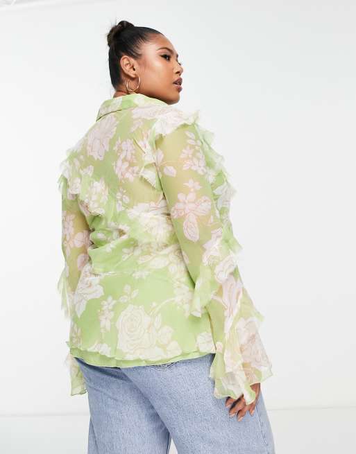 ASOS DESIGN Curve v neck ruffle blouse with frill detail and button edge in  green floral print