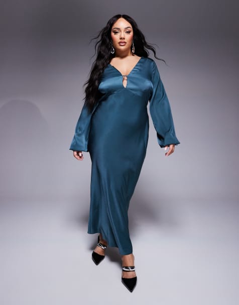 ASOS DESIGN Curve v neck satin blouson sleeve midaxi dress in dark teal - view 1
