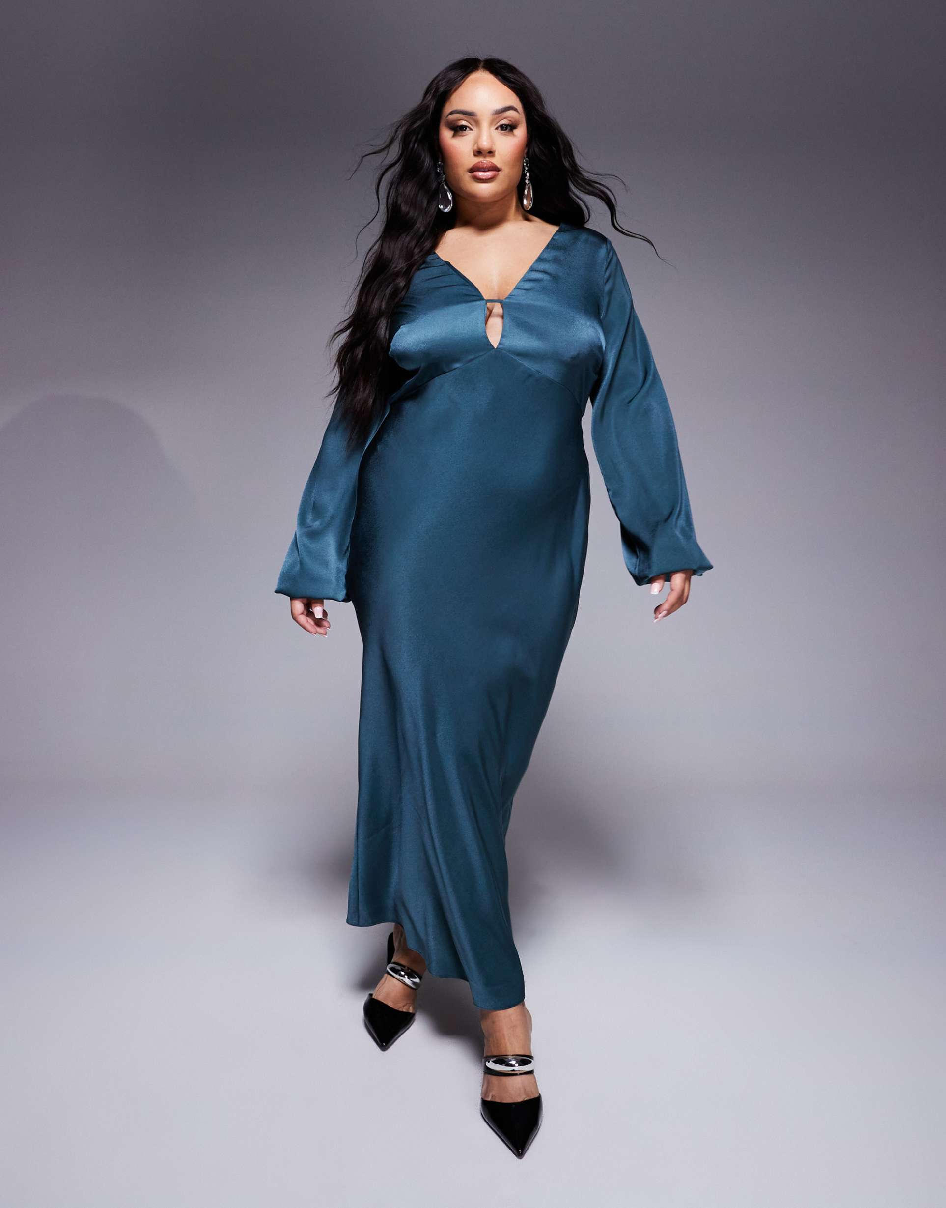 asos design curve v neck satin blouson sleeve midaxi dress in dark teal