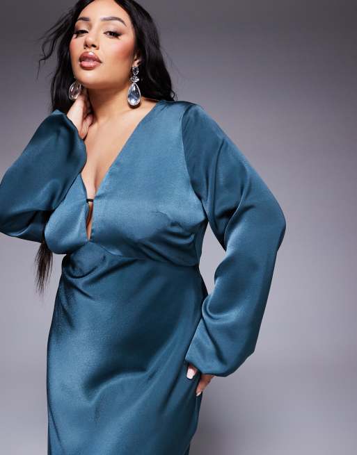 ASOS DESIGN Curve v neck satin blouson sleeve midaxi dress in dark teal