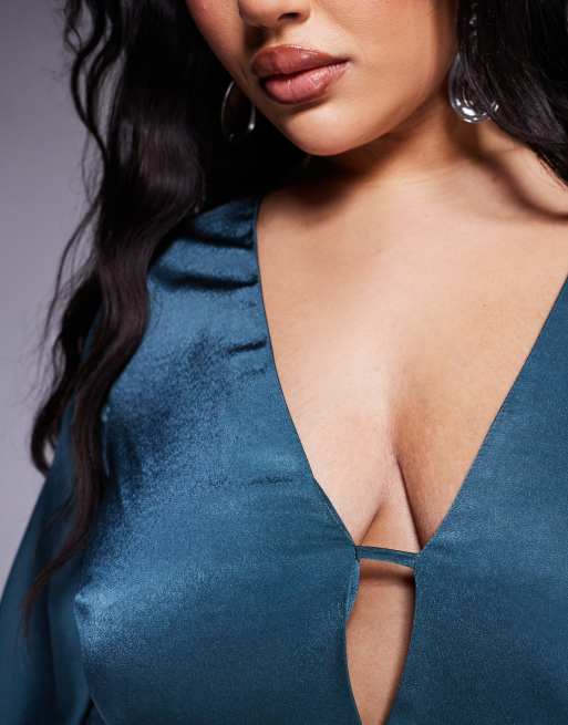 ASOS DESIGN Curve v neck satin blouson sleeve midaxi dress in dark teal