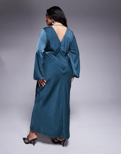 ASOS DESIGN Curve v neck satin blouson sleeve midaxi dress in dark teal