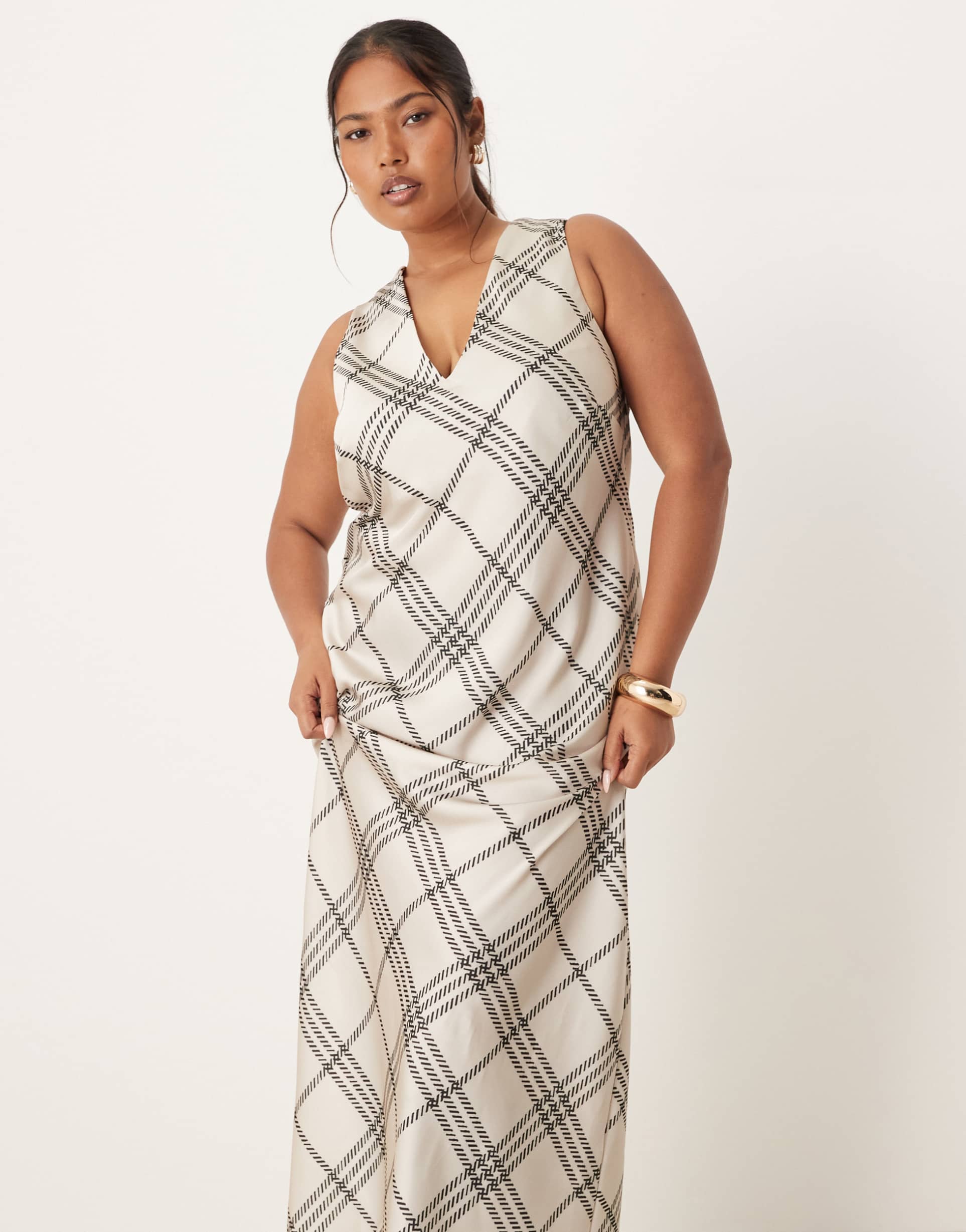 asos design curve v-neck satin midi slip dress in white and black plaid
