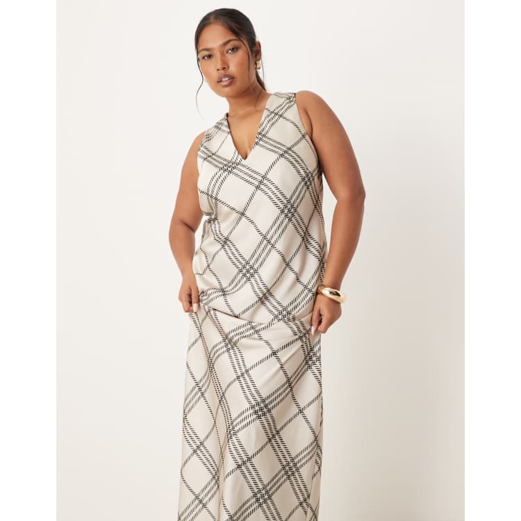 ASOS DESIGN Curve v-neck satin slip midi dress in white and black