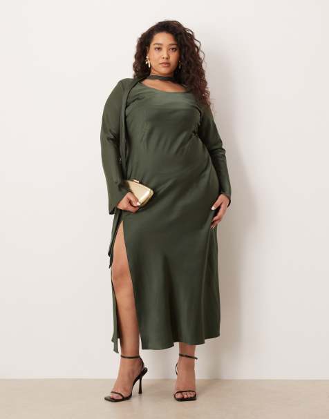 ASOS DESIGN Curve v neck scarf detail long sleeve maxi dress in dark green