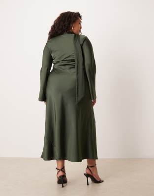 Asos Curve Asos Design Curve V Neck Scarf Detail Long Sleeve Maxi Dress In Green